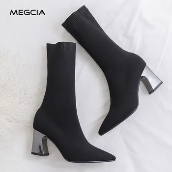 

MEGCIA 2019 SLIM FIT Womens Knitted Boots Pointed Toe Sock Stretch Boots Ladies Black High Heel Boots Autumn Winter Shoes MA923