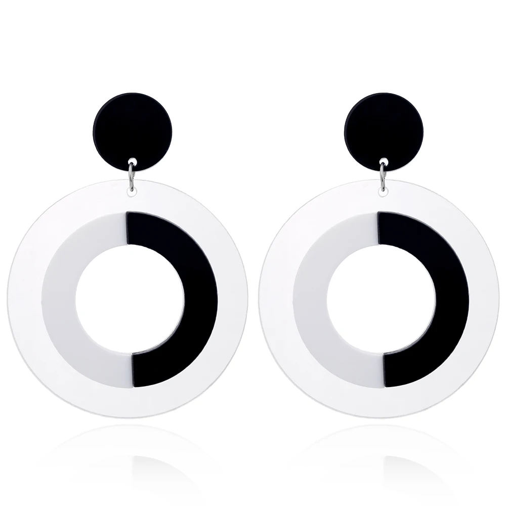 XIYANIKE New Fashion OL Exaggerate Hollow Big Circle Black White Acrylic Dangle Earrings For Women Hip-Hop Personality Earrings