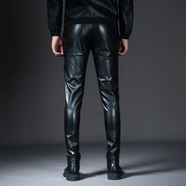 New Winter Mens Skinny Biker Leather Pants Fashion Faux Leather Motorcycle Trousers For Male Stage Club New Winter Mens Skinny Biker Leather Pants Fashion Faux Leather Motorcycle Trousers For Male Stage Club Wear