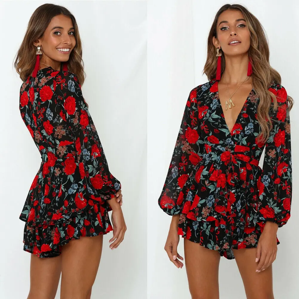 

Women Ladies Clubwear Summer Playsuit Jumpsuit Romper Party Club Long Sleeve Print Deep V neck Leotard