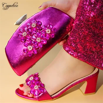 

Pretty party set high heel slipper shoes and purse handbag sets with crystal stones 56896-1 in fuchsia, heel height 7.5cm