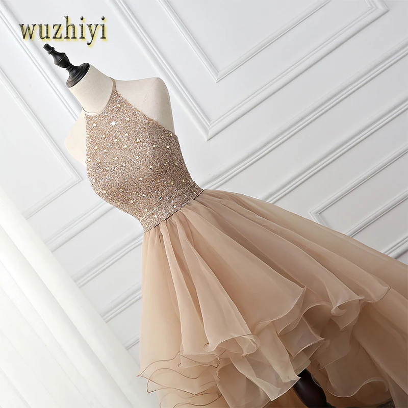 Wuzhiyi vestidos de formatura Высокое/низкое шампанское кружевное платье для выпускного вечера Бисероплетение Кристалл Вечернее пикантное платье для выпускного вечера