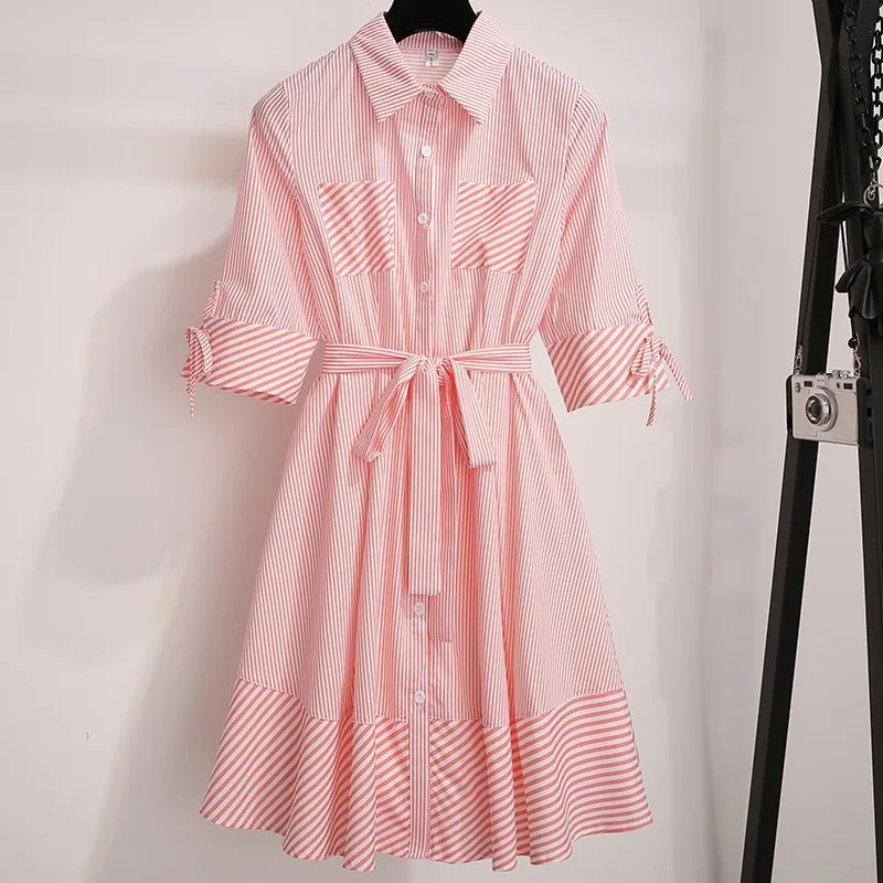 

2019 Summer Dresses Elegant Cotton Short Sleeve Shirt Dress Belt Knee-Length Pink Striped Midi A-Line Office Lady Female Vestido