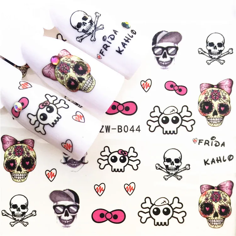 

1 pcs Halloween Skull Nail Sticker Water Decals Nail Glitter Flower Cat Butterfly Transfer Nail Art Decoration m2bj