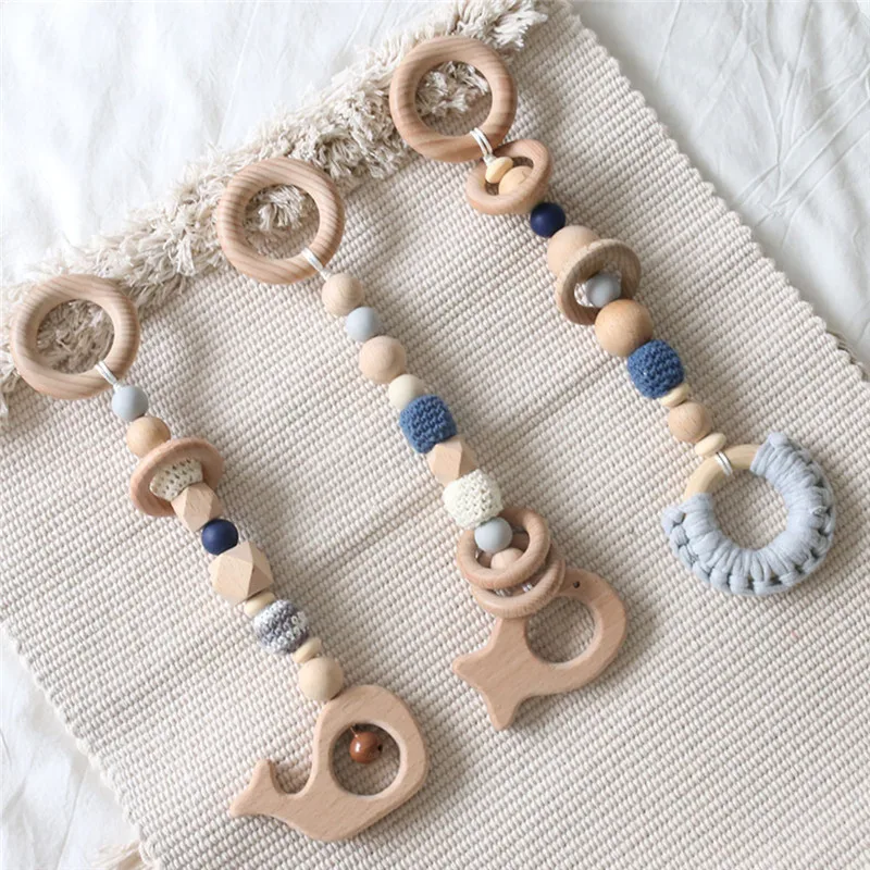 3Pc/Set Silicone Beads Baby Crib Mobile Rattles Whale Baby Toys Beech Wooden Ring Bell Handmade Infant Bed Hanging Decoration