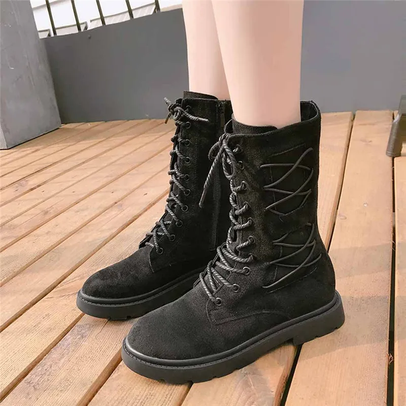 

Women Boots Lace Up Boots 2018 Winter Women Warm Fur Mid-Calf Zipper Motorcycle Boots Botas Mujer Ladies Casual Shoes#40B