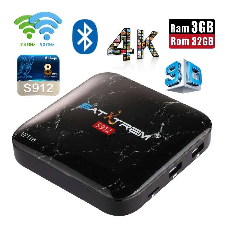 

SatXtrem WT18 Amlogic S912 8-Core 3G 32G Android 7.1 Smart TV Box Dual Wifi 2.4/5G Bluetooth Set-top Box 4K 3D IPTV Media Player