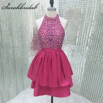 

Sexy Backless Cocktail Dresses hot High Neck Sparkly Cystals Beaded Short Teens Short Prom Party Gowns Real Photos LX281