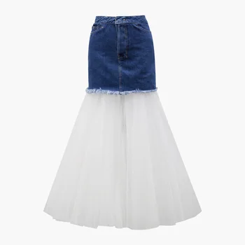 

2019 New Positive and Negative Can Wear To Unlock New Style Denim Stitching Ladies Sexy Fluffy Long Skirt Women Skirts