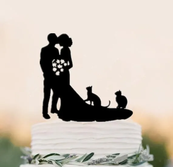 Смешанный стиль черный акриловый силуэт жениха и невесты с питомцем собака кошка Mr& Mrs топперы для свадебного торта аксессуар для украшения