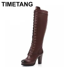 Bottes d’hiver Chaussures Femme Haute Qualité Sexy Femmes Cuissardes Bottes Lace Up Genou Boot Haute Talon Rétro Chevalier Bottes