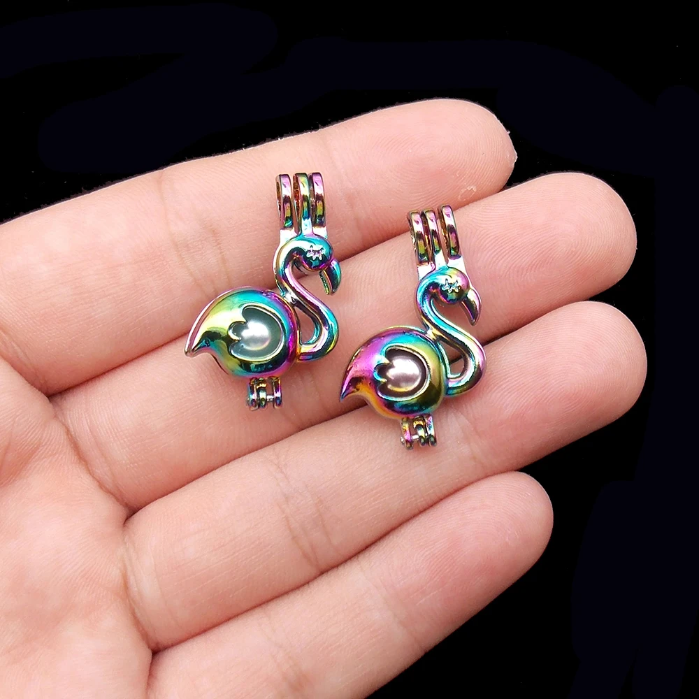 

5pcs/lot New Rainbow Color Flamingo Pearl Cage Pendant Bead Cage Essential Oil Diffuser Lockets for Oyster Pearl Jewelry Making