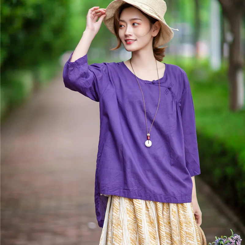 

ORIGOODS Chinese style Cotton Blouse Women Solid Red Purple Summer Blouse Shirt Thin Cool Original Women Shirts Blusas Tops D017