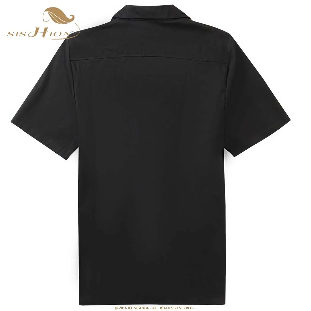 SISHION L-3XL زائد حجم الرجال قميص ST126 الصيف قصيرة الأكمام التطريز الأسود الأحمر روكبيلي البولينج القطن عارضة القمصان للرجال
