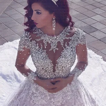 

2020 Luxurious Wedding Dress Long Sleeves Ball Gown Beading Sexy Dubai Arabic Wedding Gowns Bridal Dresses