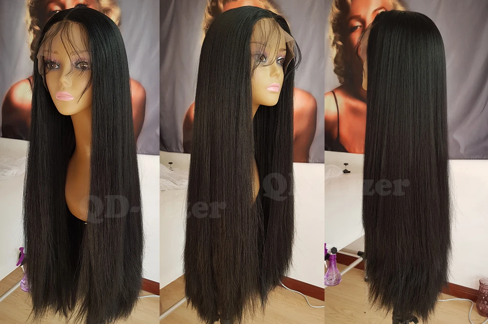 QD-Tizer Long Yaki Straight Hair Black Color Synthetic Lace Front Wigs Glueless Soft 180 Density Lace Front Wig Yaki Hair for Women7