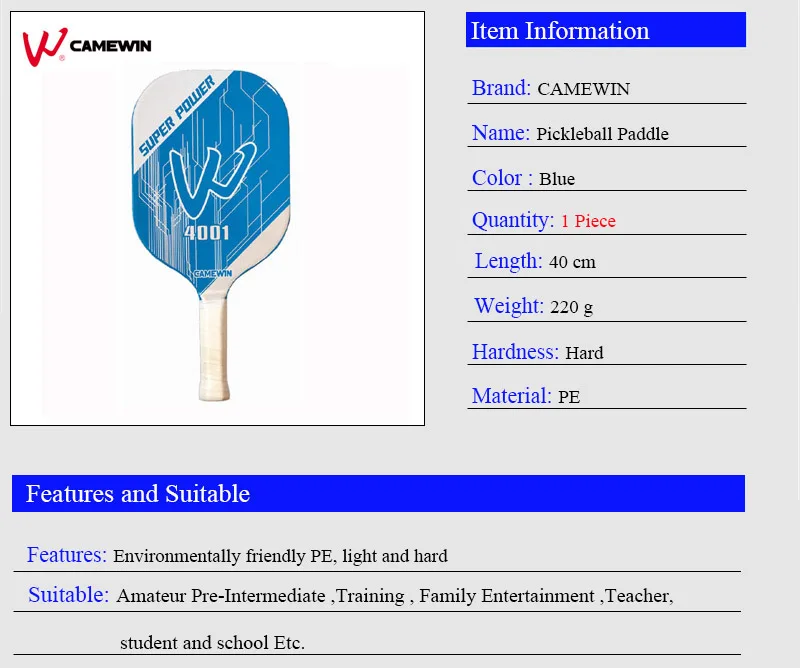 1 шт. Pickleball ракетка для настольного тенниса CAMEWIN бренд Pickleball Paddle набор(1 ракетка+ 2 мяча+ 1 сумка) Цвет: синий белый