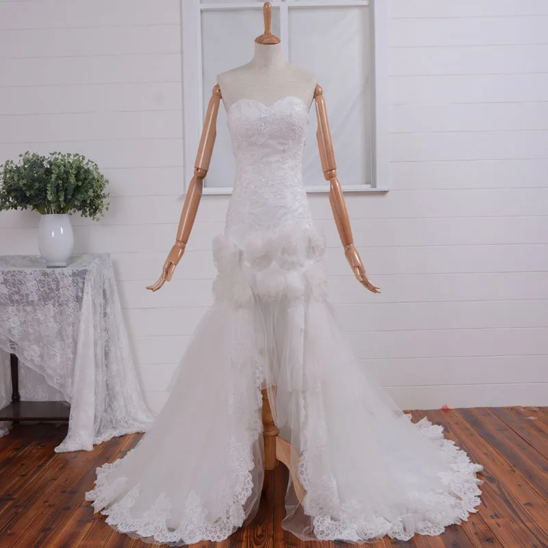 

sexy slit dress vestido de noiva sweetheart 2015 New Style a-line long Lace Wedding Dress flowers beading lace bride bridal gown