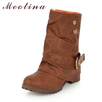 

Meotina Winter Mid Calf Boots Women Pleated Winter Square Heel Boots Riding Boots Autumn Ladies Short Shoes Green Black 34-43