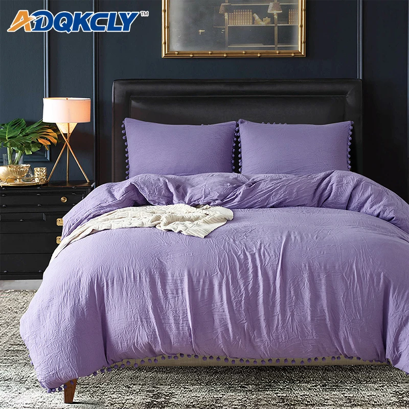 Adqkcly Purple Duvet Cover Set Plain Dyed With Balls Wash Cotton