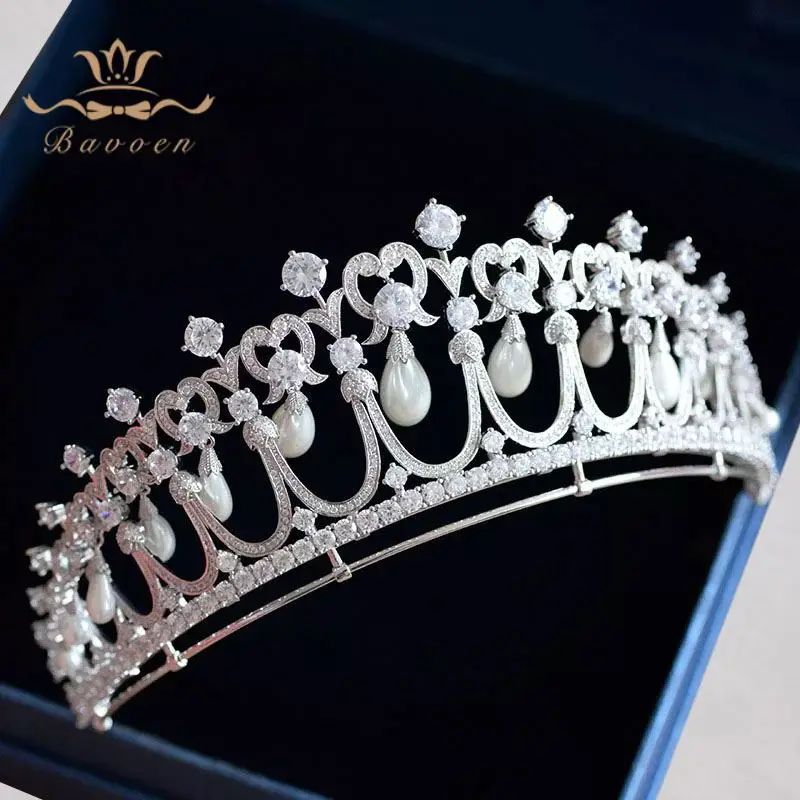 Bavoen High end Brides Nature Shell Pearls Crown Wedding 4A Zircon Crystal font b Tiara b