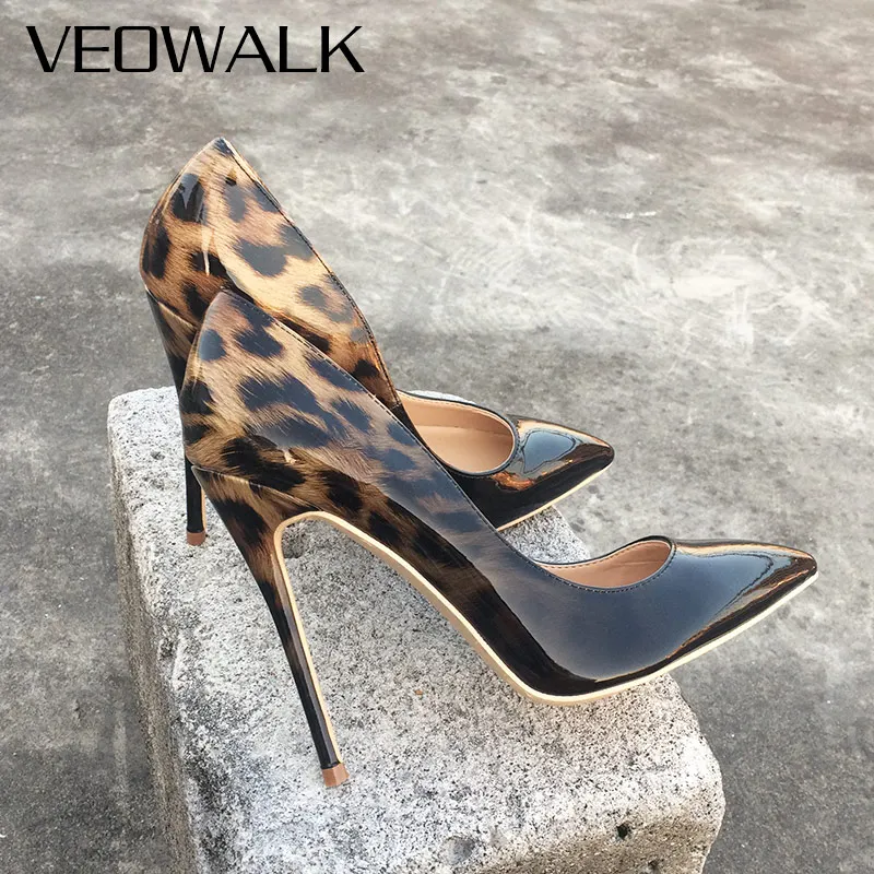 Tanie Veowalk moda damska Leopard czółenka ze skóry lakierowanej szpiczasty nosek 8 12cm szpilki Ultra szpilki Sexy Ladies Party buty Size34 43