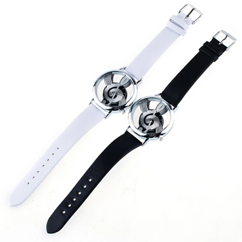 Shellhard Fashion PU Band Stainless Steel Analog Quartz Casual Watch Notation Hollow Music Men Women Wrist Watch Montre Femme