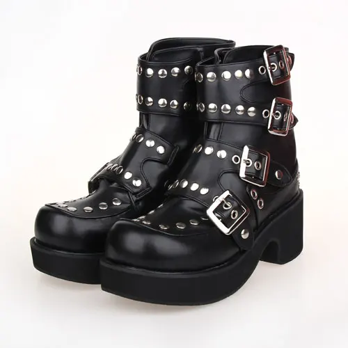 Punk Boots Motorcycle Shoes Winter Wedge Heel Black Leather Mid Calf