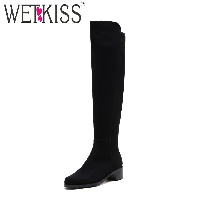 

WETKISS New Winter Warm Women Boots Thick Heels Boot Square Toe Over The Knee Zip Female Shoes 2018 Autumn Flock Footwear
