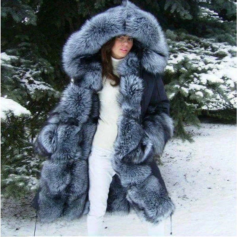 TOPFUR Luxury New Women Real Fur Parka Natural Silver Fox Fur With Fox Fur Liling Collar Winter Warm Fur Jacket Parka