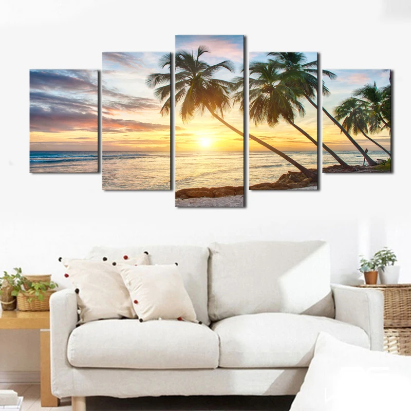 5 Panel Modern Wall Decor Tropical Seascape Paintings For Living Room
