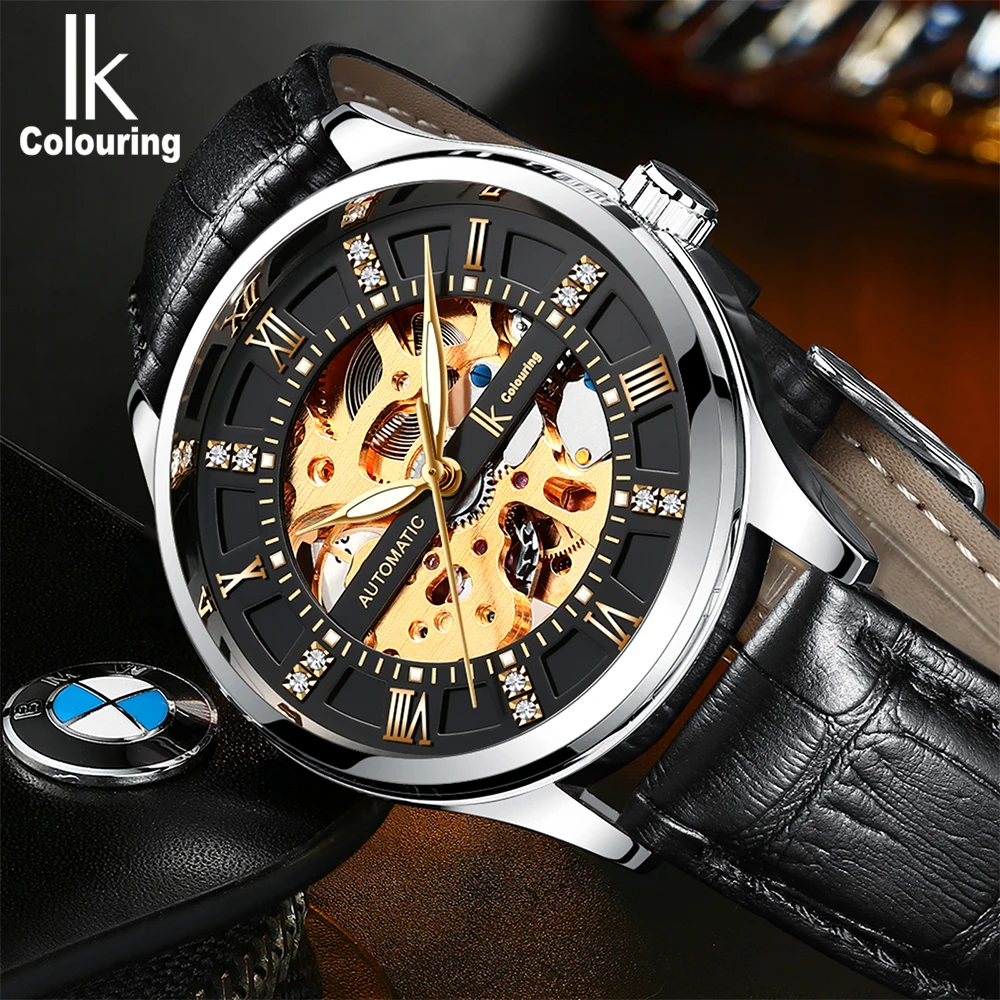 IK раскраски для мужчин's деловые часы Autmatic Self ветер кожаный Скелет Wristwathces Montre Reloj