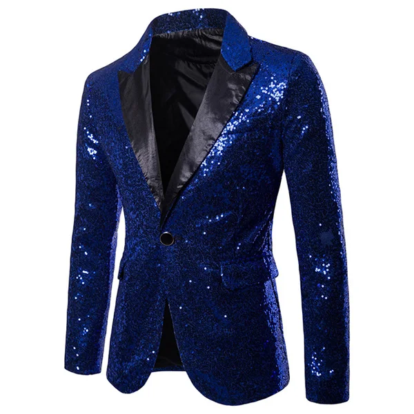 Смокинг с золотыми блестками, мужской блейзер для сцены, дискотеки, ночного клуба, мужские блейзеры, пиджак, приталенный, на одной пуговице, блестящий Блейзер, Masculino - Цвет: blue