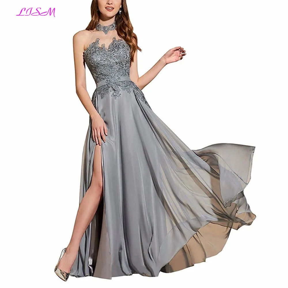 

Halter Appliques Long Evening Dresses 2019 Chiffon Sexy Side Split Formal Gowns Vintage Empire Floor Length Backless Prom Dress