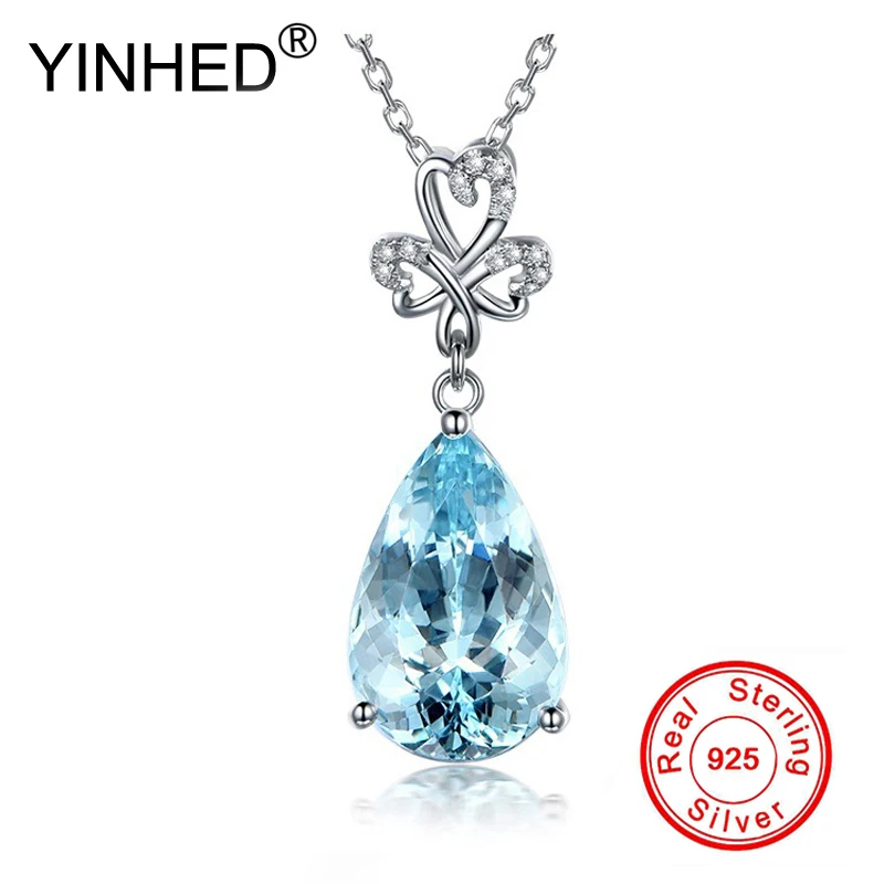 YINHED Luxury Fine Jewelry 100% 925 Sterling Silver Blue Austrian Crystal Waterdrop Pendant Necklace for Women ZN135 | Украшения и