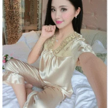 Атласный шелк пижамы женские летние женские пижамы сексуальные Вышивка v-образным вырезом тонкими длинными рукавами Кружево двойка комплект одежды для дома