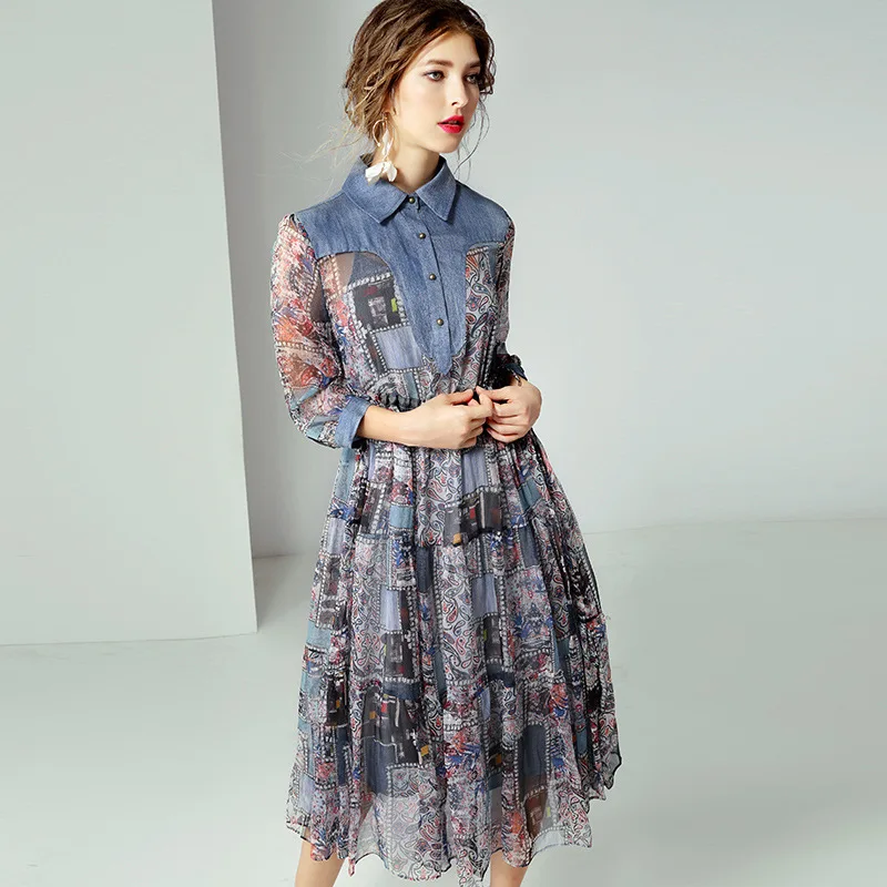 

100% silk Bohemian dress really top quality women brand runway pleated dress