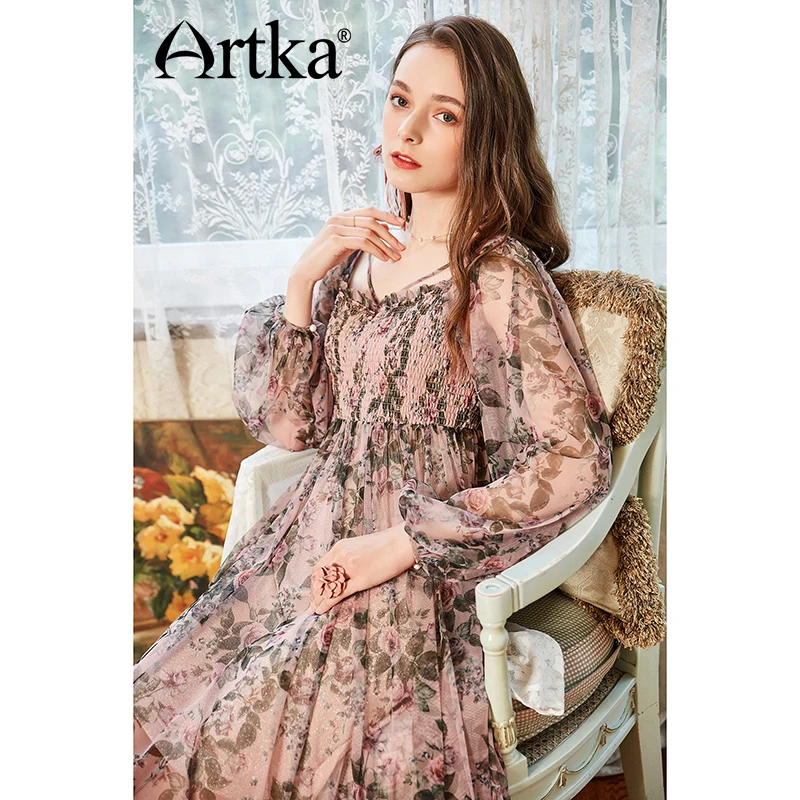 ARTKA 2018 Ранняя осень новое винтажное платье с круглым вырезом и рукавами
