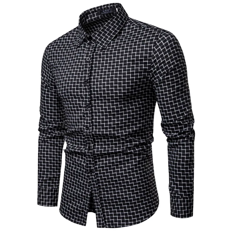 Drop Shipping Men Plaid Shirt Long Sleeve Flannel Shirts 2019 Fashion Casual Checkered Man Clothes Cotton Chemise Homme Black