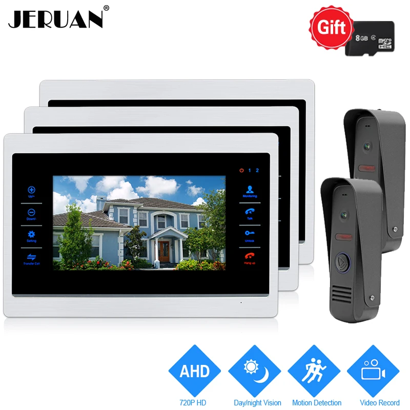 

JERUAN 720P AHD HD Motion Detection 10`` LCD Video Doorbell Door Phone Intercom System 3Record Monitor +2 HD IR Mini Camera 2V3