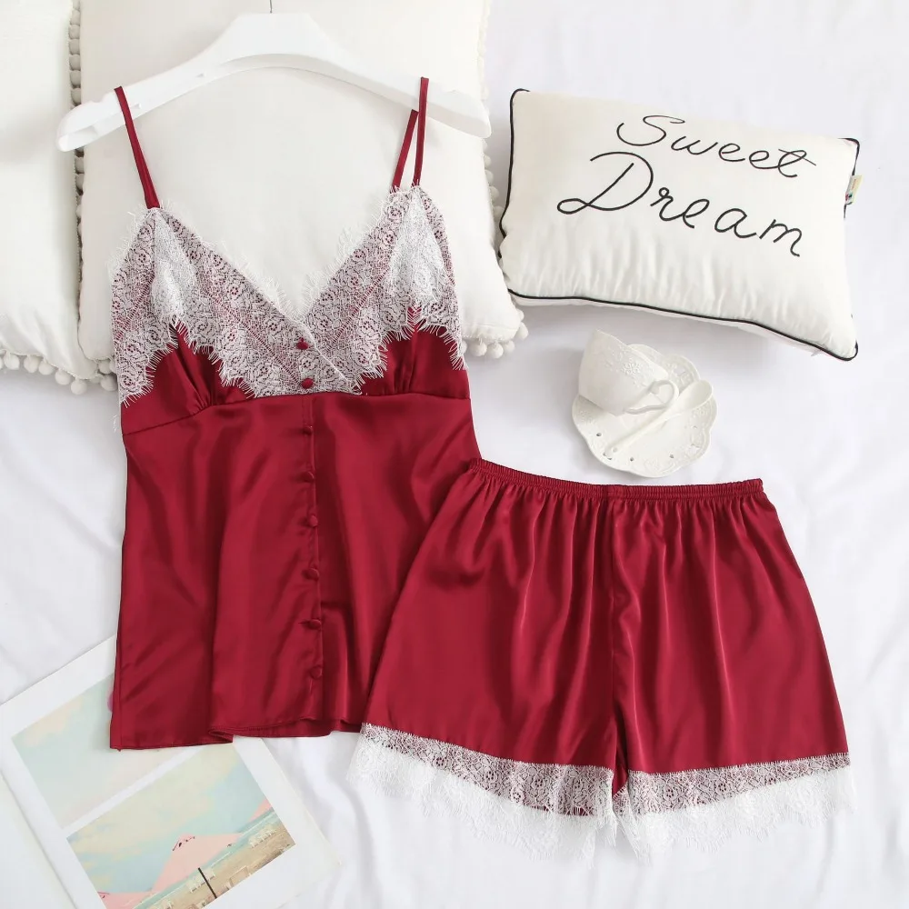 

Pajamas For Women Satin Silk Lace V-neck Lacy Trim Strap home Clothes Sleepwear With Shorts Summer Womens sleepwear suits 2019