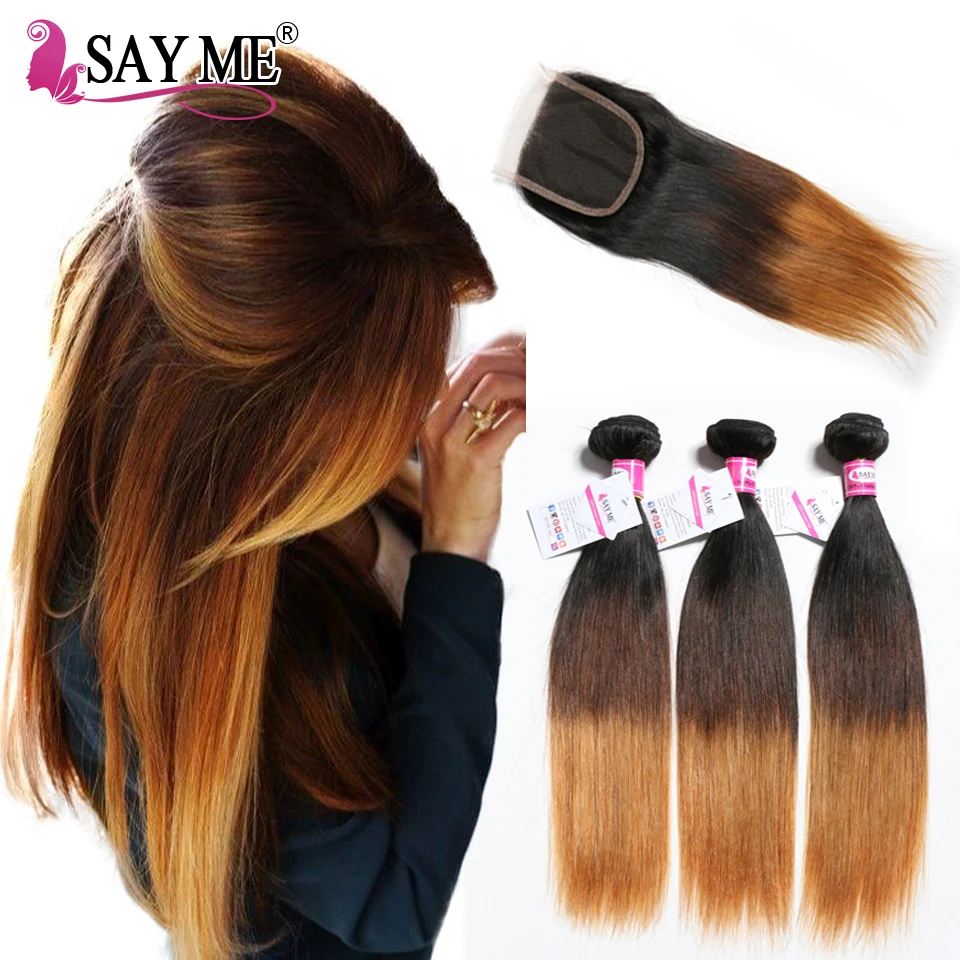 SAY ME 3 Tone Ombre Straight Human Hair Bundles With Closure 1B/4/27 30 Peruvian Hair Bundles With 4*4 Lace Closure Remy Weave