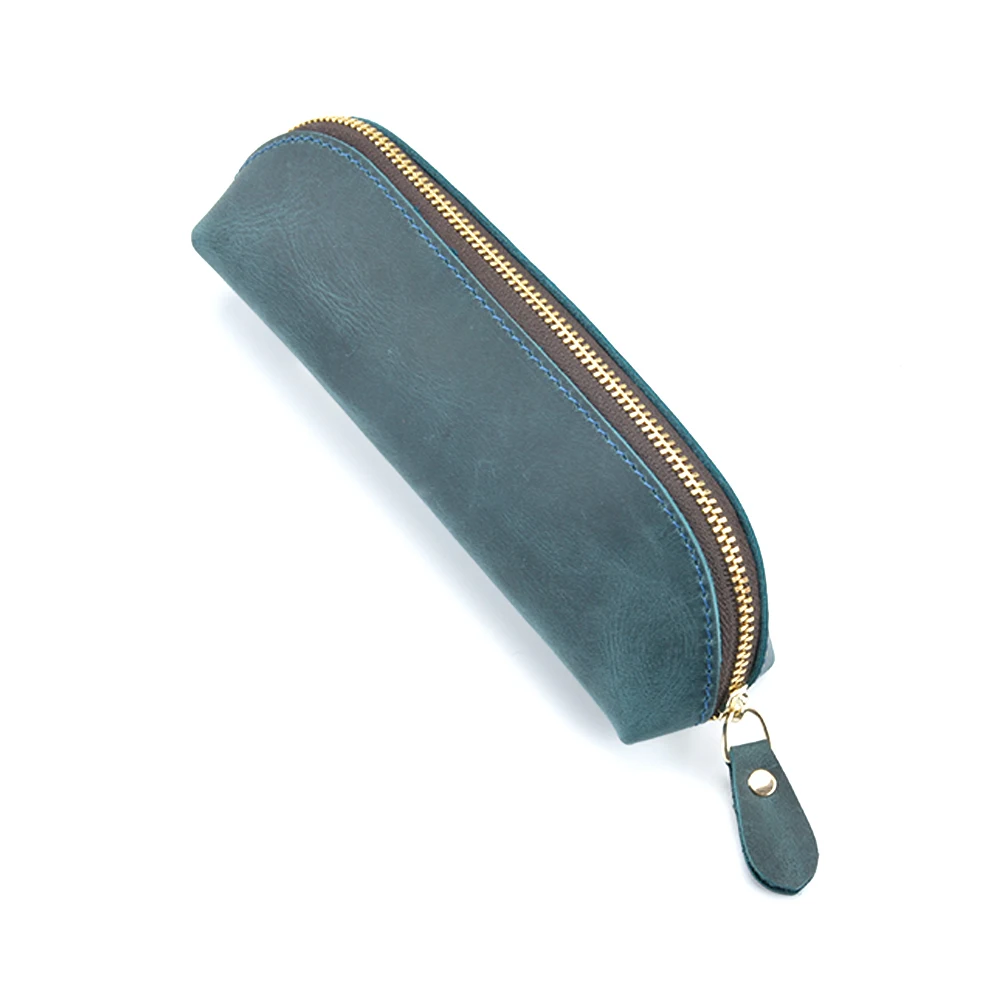 Moterm Handmade Genuine Leather Zipper Pen Pencil Bag Vintage Retro Style Creative School Stationary Accessories Free shipping - Цвет: A Blue