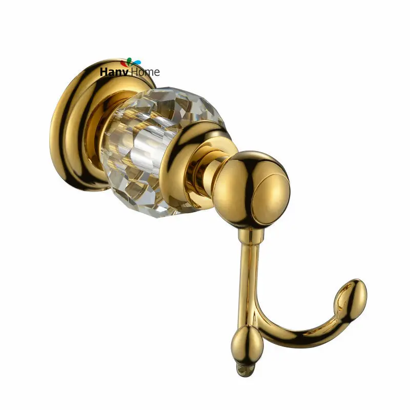 luxury crystal & brass gold robe hook bathroom hangings pvd ti golden