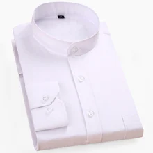 Однотонные деловые мужские деловые рубашки с воротником-стойкой и длинным рукавом, популярные элегантные офисные мужские рубашки с карманом