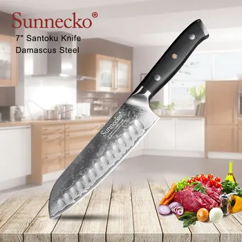 

SUNNECKO 7" inch Santoku Knife Kitchen Chef Knives Japanese Damascus VG10 Steel Sharp Blade G10 Sanding Handle Cutting Tools
