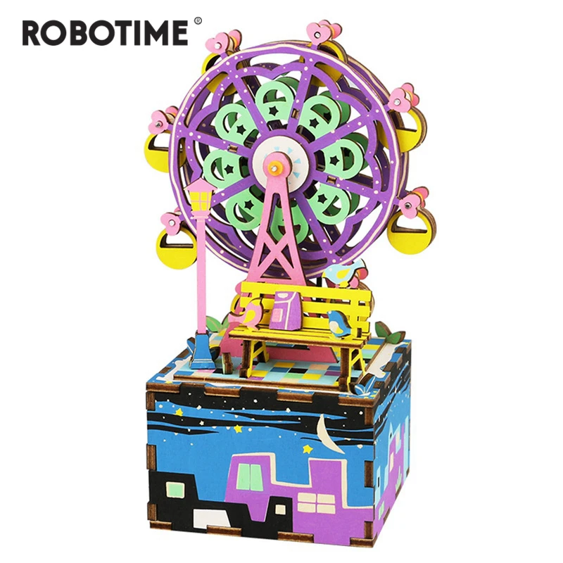 

Free Shipping Robotime 3D Puzzle DIY Cool Mechanism Gift Wooden Greeting Souvenir Birthday Present Music Box Ferris Wheel AM402