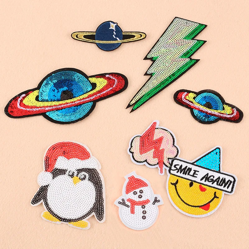 

Sequins patch Snowman Penguin Planet Patches For Clothing Iron Parches applique embroidery Sequined DIY accessories