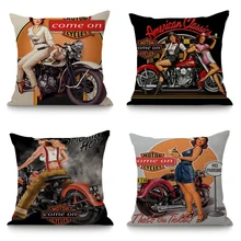 Vintage motocicleta Racing Girl algodón Lino funda de almohada silla funda para cojín de asiento hogar decorativo cojín sofá coche Almofadas