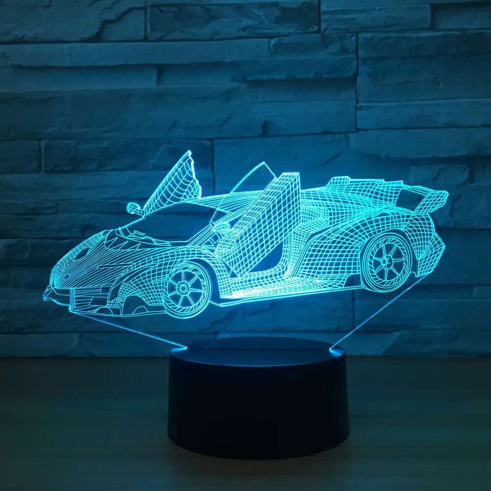 Cool Super Car Acrylic 3D Lamp 7 Color Change Small Night Light Baby USB Cable 